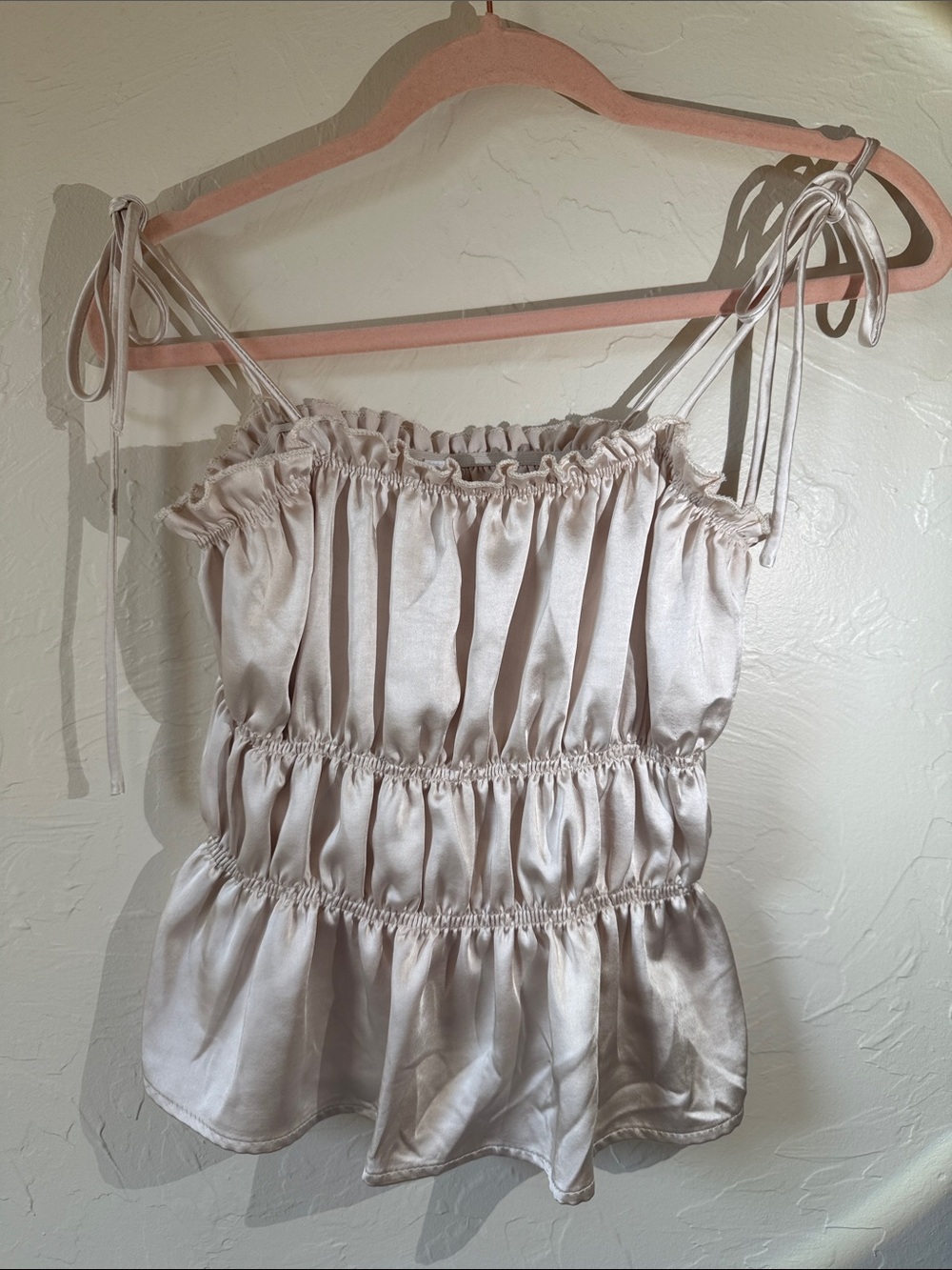 Smocked Satin Tie-Strap Camisole - Cream